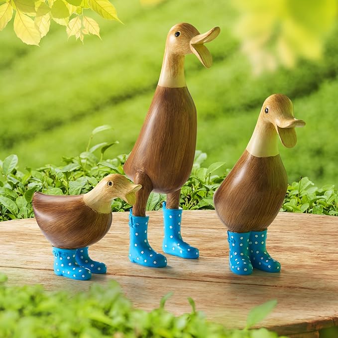 GUTE Duck Yard Decorations Yard Art Garden Puddle Ducks with Blue Spotted Wellies Boots, Set of 3 - Garden Decor Statues, Duck Figurine Statue - Waterproof Indoor & Outdoor Lawn Gnome Ornament-VerdiqueGarden