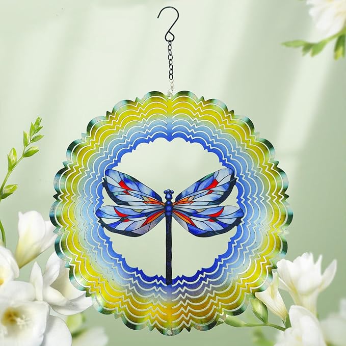 Dragonfly Metal Wind Spinners - Hanging Dragonfly Wind Spinner for Outdoor & Indoor Decorations, Dragonfly Gifts for Women Mom Grandma Wife, 12 inch 3D Wind Spinner for Ornament Gifts-VerdiqueGarden