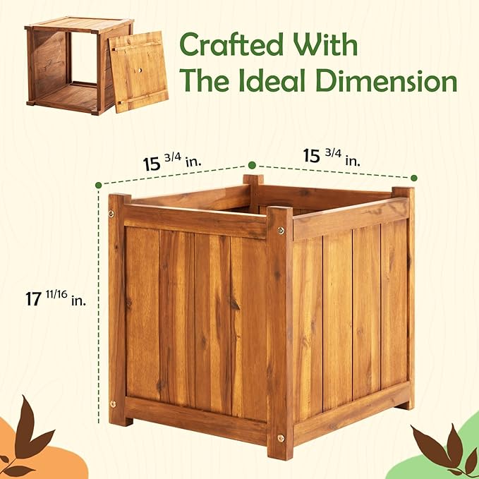 Idzo Set of 2 Hardwood Outdoor Flower Box, Durable Acacia Wood Flower Boxes for Outdoor Plants with Ergonomic Handles, Drainage Holes, Multiple Sizes Wood Bucket Planter for Home Décor-VerdiqueGarden