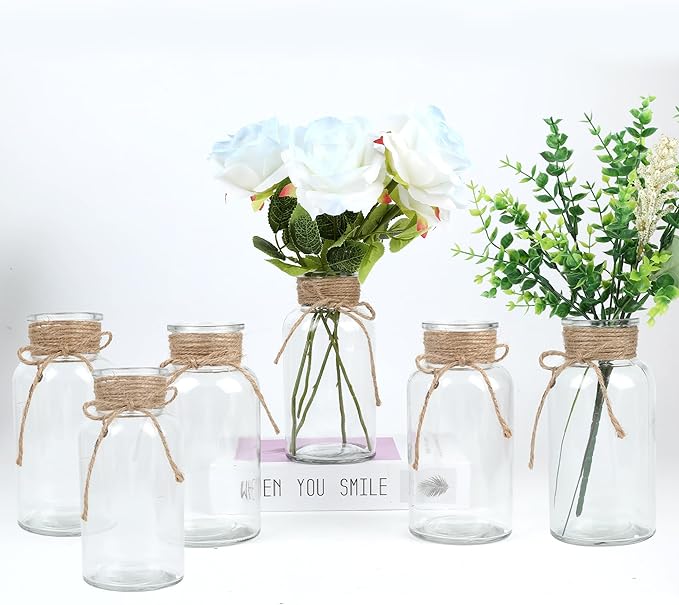 Vintage Glass Flower Vase，6 Pack FarmhouseTransparent White Glass Centerpiece Vases Mason Jars for Weddings, Parties & Home Decor Bulk (6, Transparent)-VerdiqueGarden