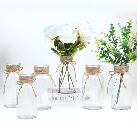 Vintage Glass Flower Vase，6 Pack FarmhouseTransparent White Glass Centerpiece Vases Mason Jars for Weddings, Parties & Home Decor Bulk (6, Transparent)-VerdiqueGarden
