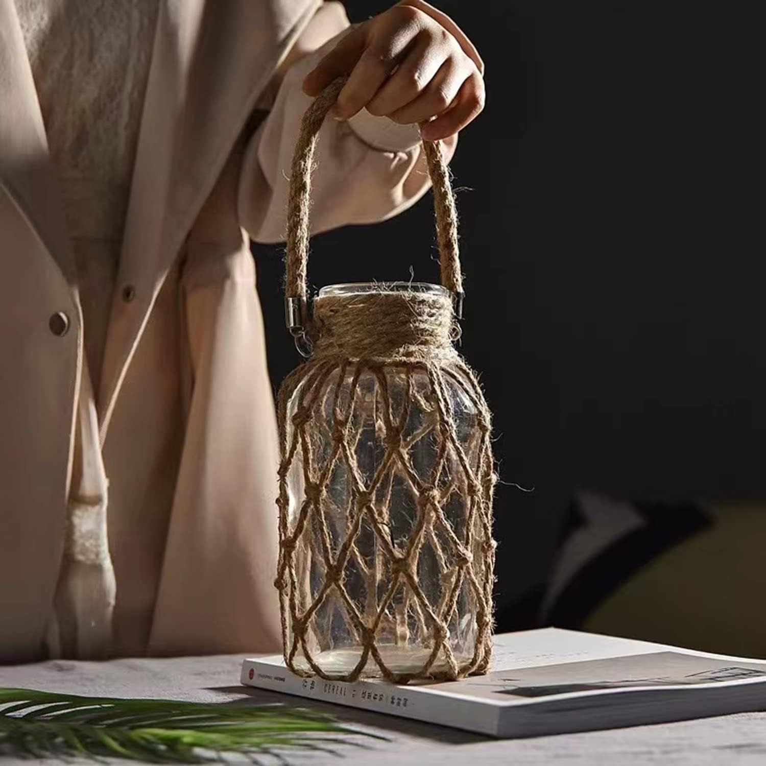 Rustic Hanging Mason Jar Creative Rope Net Dry Flower Glass Vase with Handle (1 Vase 8")-VerdiqueGarden