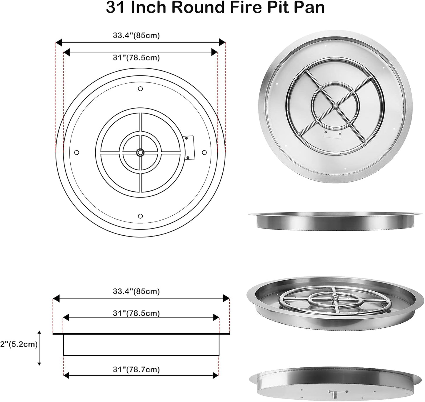 Stanbroil 31-Inch Round Fire Pit Burner Pan, Drop-in Fire Pit Insert for Natural & Propane Gas Firepit Table, Stainless Steel, BTU 296,000 Max-VerdiqueGarden