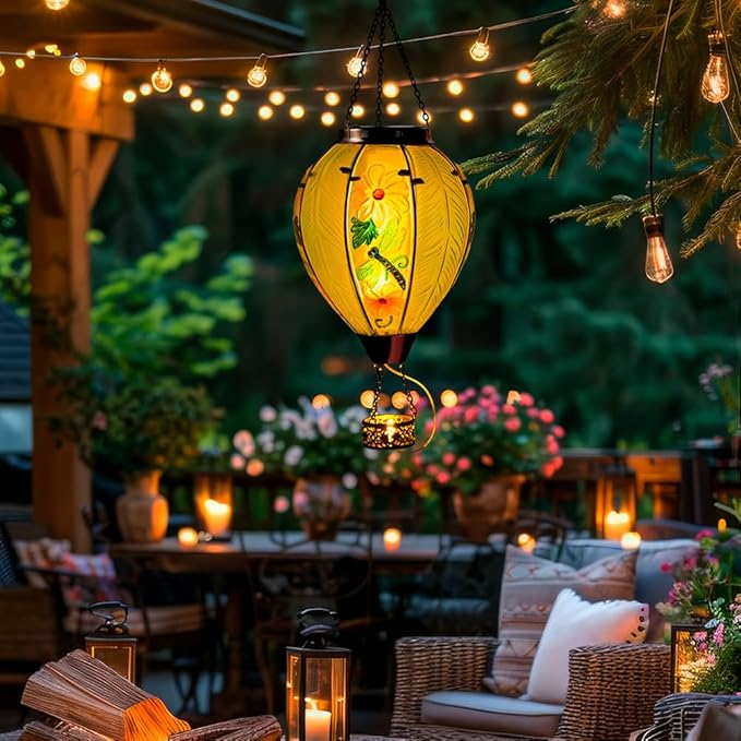 Starsoul Large Solar Hot Air Balloon Lantern with Flame Dragonfly Glass Hanging Outdoor Hot Air Balloon Solar Light Waterproof Garden Patio Yard Party Decorations-VerdiqueGarden