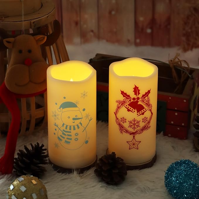 Outdoor Battery Operated Flameless Pillar Candles Auto Daily Timer Waterproof Realistic Flickering Electric LED Lights Wreath Jingle Bell Snowman Decals Christmas Decoration 3”X6” 2 Pack-VerdiqueGarden