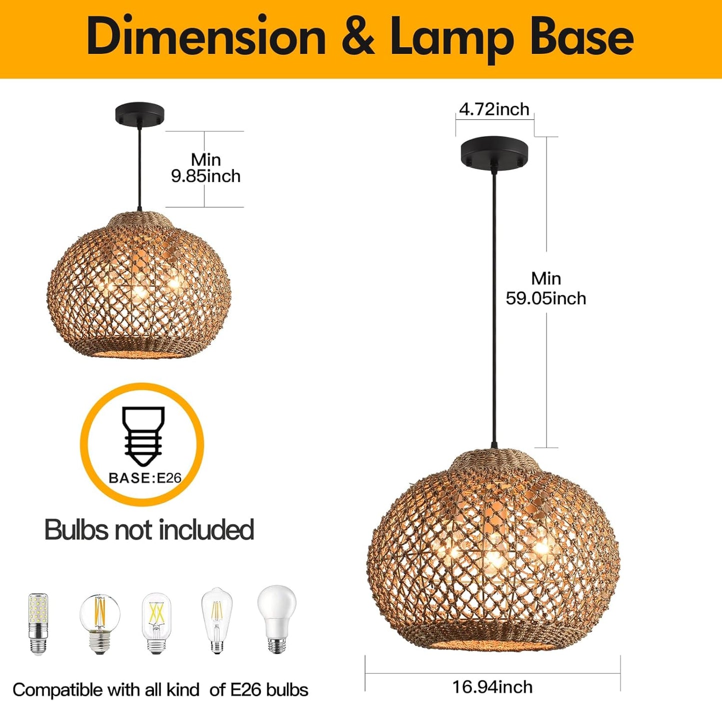 16.94" Rattan Pendant Light,Boho Wicker Chandelier Woven Water Plants, of Kitchen Island Farmhouse Dining Room,Entryway Foyer-VerdiqueGarden