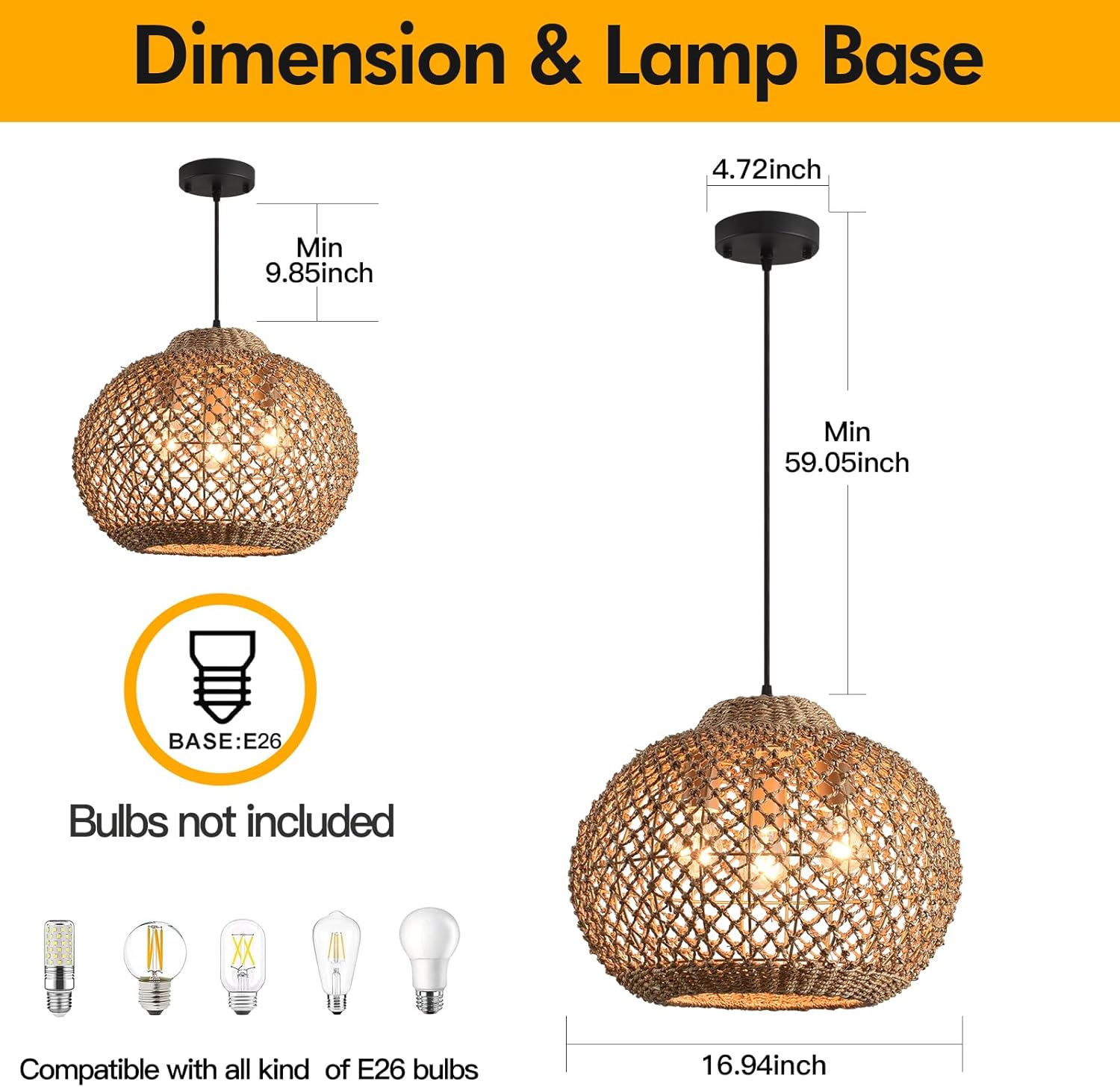 16.94" Rattan Pendant Light,Boho Wicker Chandelier Woven Water Plants, of Kitchen Island Farmhouse Dining Room,Entryway Foyer-VerdiqueGarden