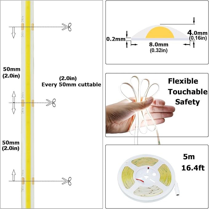 24V COB LED Strip Light Cool White 6000K 5M/16.4ft 2400LEDs Waterproof IP65 Uniform Glow CRI 93+ Flexible LED Tape Lights for DIY Cabinet Bedroom Kitchen Home Decor(No Power Supply)-VerdiqueGarden