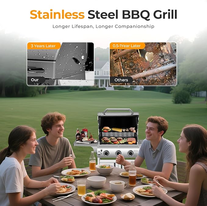R.W.FLAME Stainless Steel Propane Gas Grill, 3 Burner 24000BTU BBQ Grills, Foldable Side Table, Enamel Wire Grate, Removable Grease Tray, Barbecue Grill for Outdoor Cooking, Backyard, Patio, Deck-VerdiqueGarden