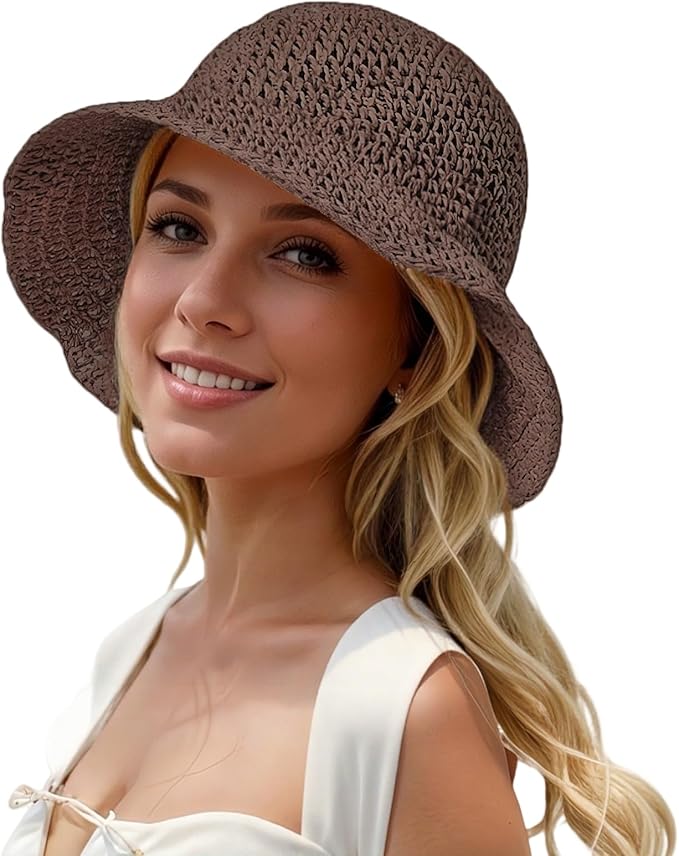 Womens Straw Beach Sun Hats, Foldable Packable Floppy Handmade Crochet Hats for Women,Large Summer Vacation Wide Brim Hat-VerdiqueGarden