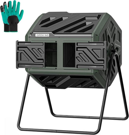 THEGROW'ING Updated 43 Gallon Compost Bin Outdoor, Fast Assemble Tumbling Composter, Dual Chamber Composter Tumbler, Rotating Compost Bin for Outside, Backyard, Garden and Yard, Green-VerdiqueGarden