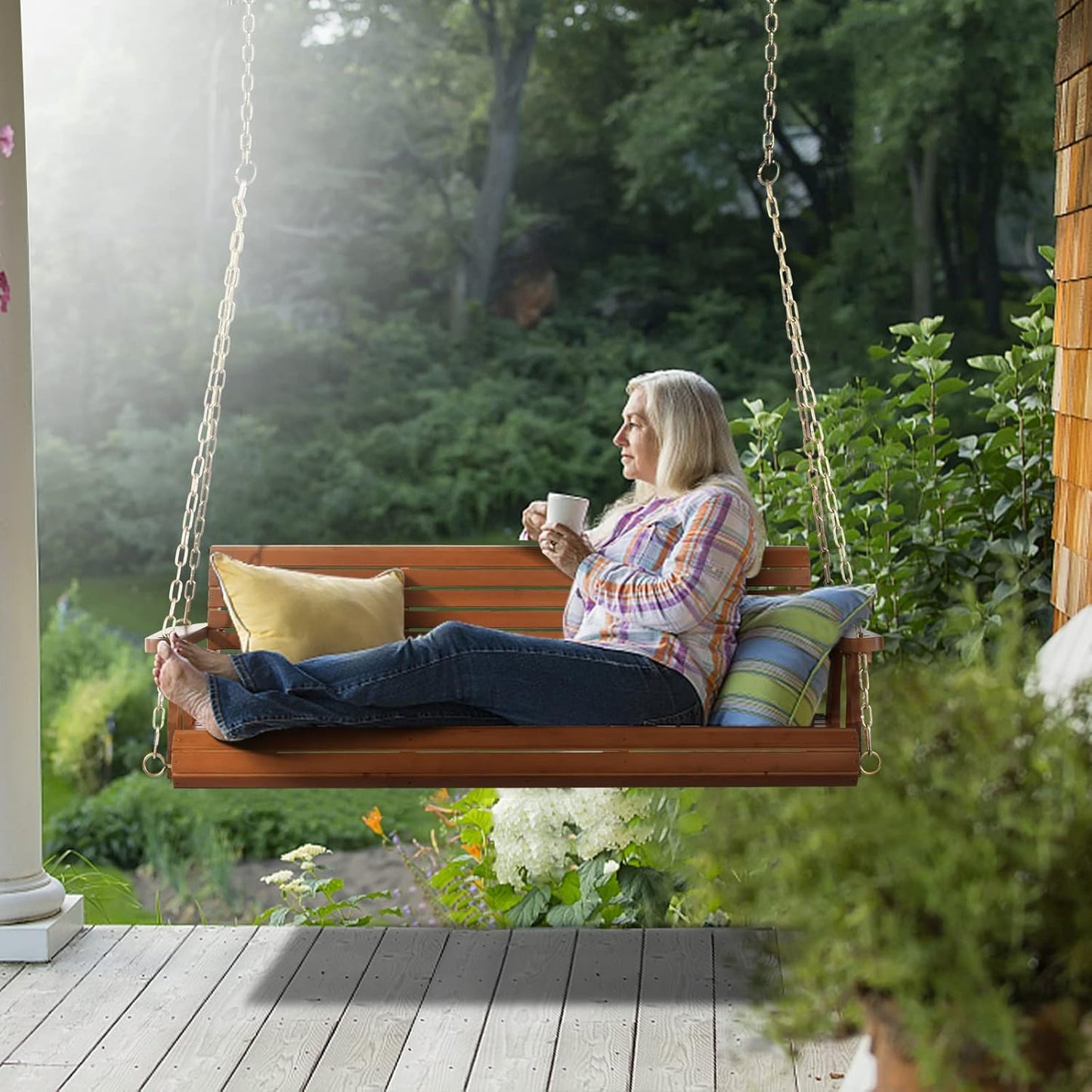 VINGLI Upgraded Patio Wooden Porch Swing for Courtyard & Garden, Heavy Duty 880 LBS Swing Chair Bench with Hanging Chains for Outdoors (Brown, 5 FT)-VerdiqueGarden