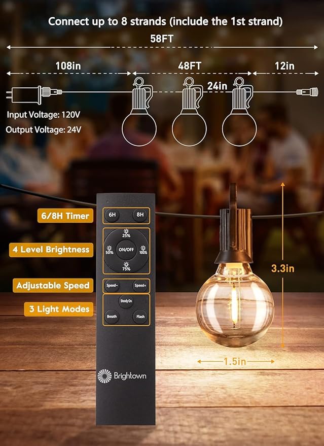 Outdoor String Lights with Remote - 58 Ft Globe Patio Lights, 4 Lighting Modes, 25 LED G40 Bulbs Waterproof Connectable Commercial Hanging Lights for Backyard Party-VerdiqueGarden