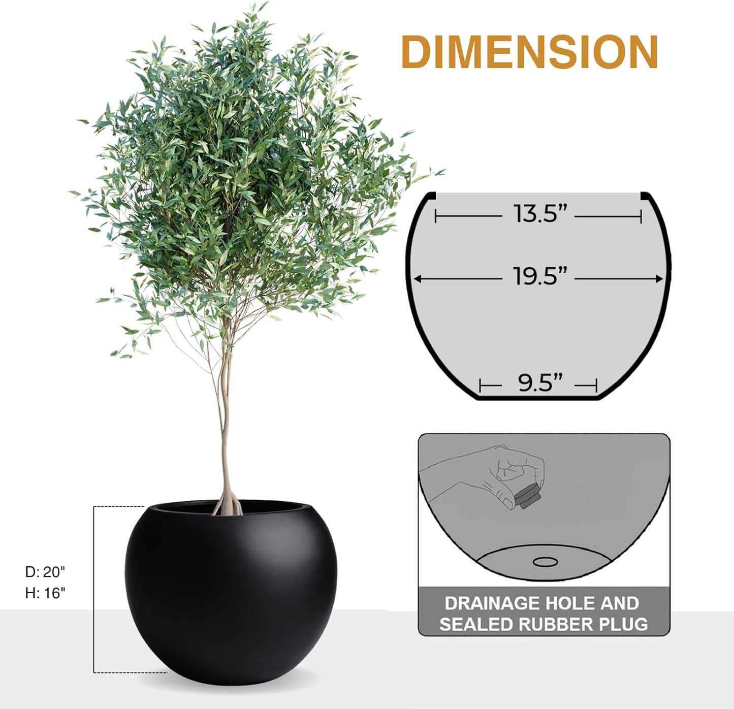 16" H x 20" D Globo Fiberstone Round Planter with Drainage Hole, Weather Resistant, Smooth Finish, Planters for Indoor Plants & Outdoor, 2 Extra Coco Mats (Black, 13.5" Pot Opening)-VerdiqueGarden