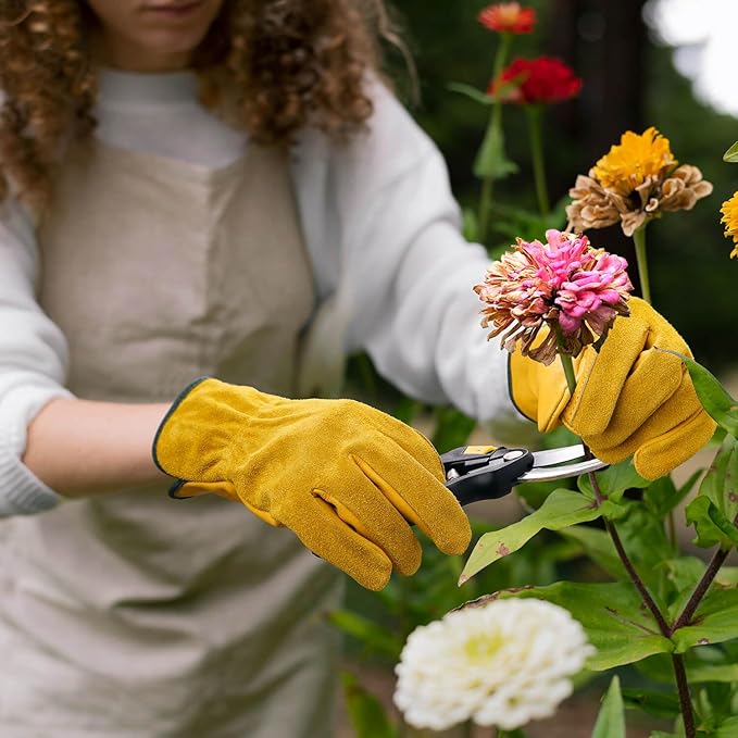 OZERO Leather Work Gloves Flex Grip Tough Cowhide Gardening Glove for Wood Cutting/Construction/Driving/Garden for Men and Women 1 Pair (Gold,Large)-VerdiqueGarden