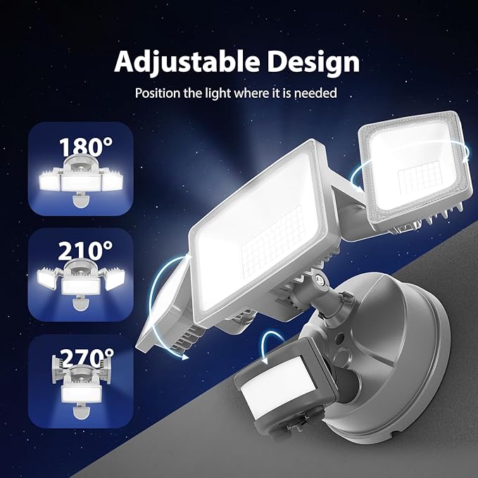 Onforu 65W LED Security Lights Motion Sensor Light Outdoor, 6500LM, 6500K, IP65 Waterproof, Flood Light Outdoor Motion Detector with Adjustable 3 Head, Hardwired Wall Light for Entryway, Yard (Gray)-VerdiqueGarden