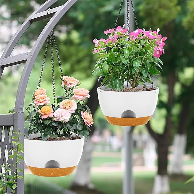 12 Inch Hanging Baskets 2 PC with Chains, Self-Watering Hanging Planters for Indoor Outdoor Plants, Plastic Hanging Flower Pots,White Brown-VerdiqueGarden