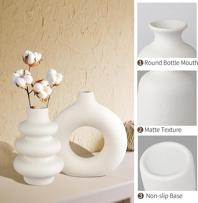 Ceramic Vase Set of 3, Small Flower Vase for Home Decor, Decorative Vases for Pampas Grass & Dried Flowers, Living Room, Bedroom, Bathroom, Shelf Centerpiece Table Decorations-VerdiqueGarden