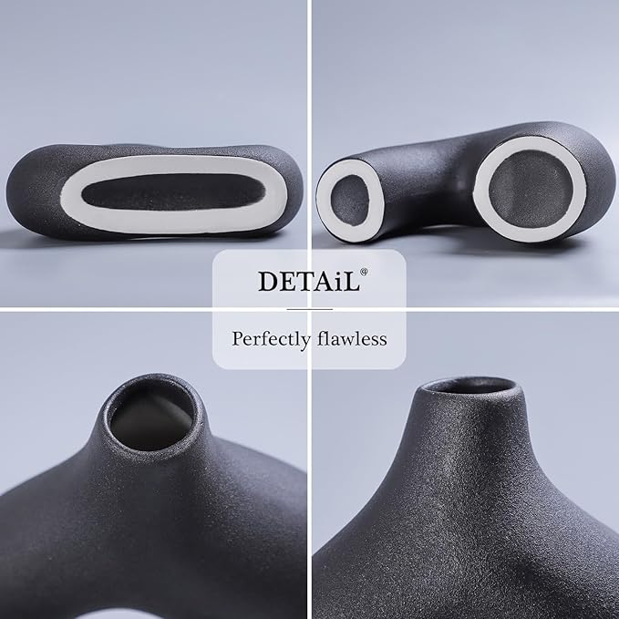 CEMABT Black Ceramic Vase Set of 2 for Modern Minimalist Bohemian Decor，Round Matte Donut Vases for Pampas Grass-Perfect for Living Room, Dining Table, Office Bedroom Shelf Decor Entryway, Console-VerdiqueGarden