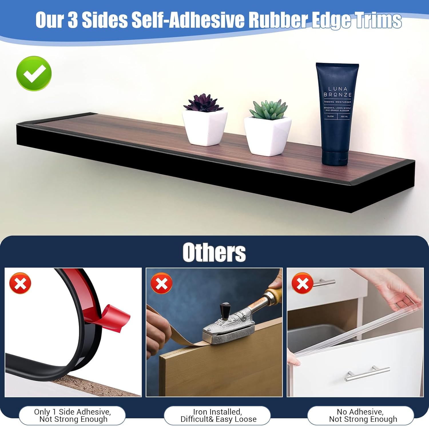 Rubber Edge Trim, Self-Adhesive U Channel Edge Protector for Plywood, Cabinet, 7/8" Wood Edge Banding, Flexible Furniture Repair, EPDM Material, Fit 7/8"(22mm), Length 10Ft, Black-VerdiqueGarden