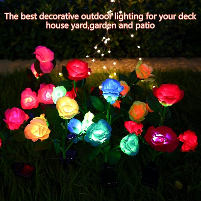 ANGMLN 4 Pack Solar Garden Lights, Solar Flower Lights Outdoor Waterproof with 20 Head Rose 7-Color Changing Landscape Light for Garden Yard Pathway Patio Grave Cemetery Decoration-VerdiqueGarden