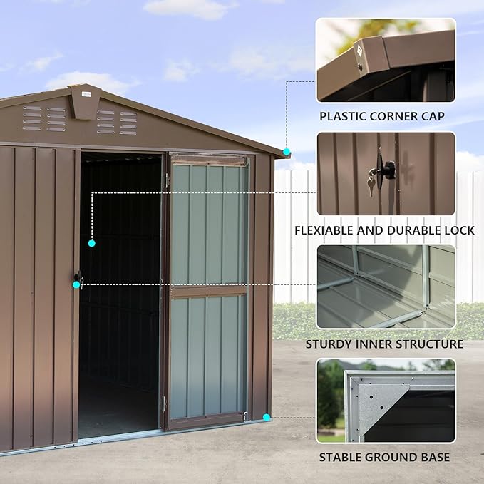 Domi Outdoor 10' x 8' Storage Shed, Metal Steel Utility Tool Shed Storage House with Double Lockable Doors & Air Vents for Backyard Patio Garden Lawn Brown-VerdiqueGarden