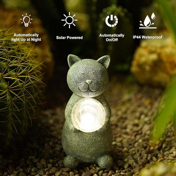 Solar Cat Statue - Garden Decor with LED Lights, Perfect for Mom or Grandma (Gray Cat)-VerdiqueGarden