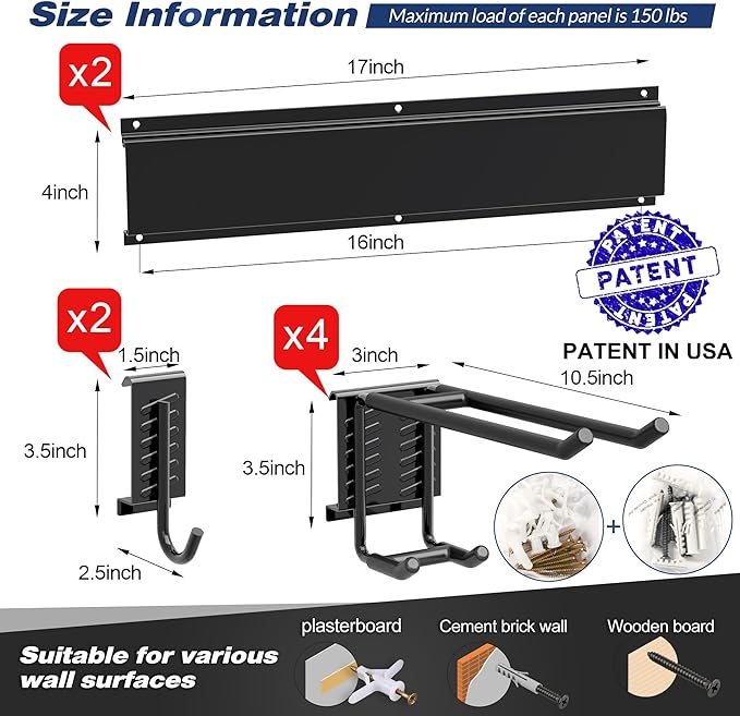 Garage Tool Storage Rack, Heavy Duty Garage Storage Organizer Rack System Wall Mounted Tool with 6 double hooks, 2 rails, Garden Yard Tools Hanger Rack for Ski Gears, Broom, Rake,Shovel-VerdiqueGarden