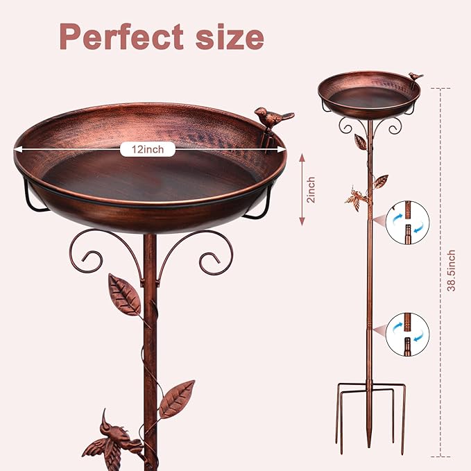 Metal Bird Bath for Outside with 2 Bird Decor, Hummingbird on Pole & Sparrow on Bowl, 38.5 Inch Height Garden Birdbath, 12 Inch Antique Bronze Freestanding Birdfeeder Bath for Yard Patio-VerdiqueGarden