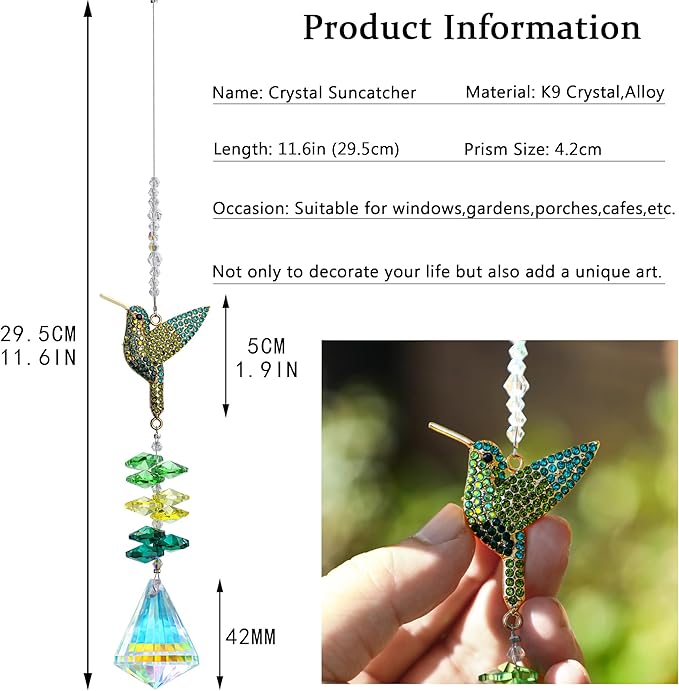 Rhinestones Hummingbird with Crystal Sun Catcher, Glass Window Hanging Ornament,Crystal Prism Suncatcher Outdoor Indoor Home Garden Party Decoration-VerdiqueGarden