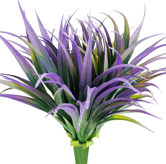 6Pcs Artificial Grass Fake Plants 17.3in Outdoor Plants UV Resistant Faux Greenery Stems Fake Grass for Home Window Garden Office Patio Pathway Front Porch Halloween Décor Green & Purple-VerdiqueGarden