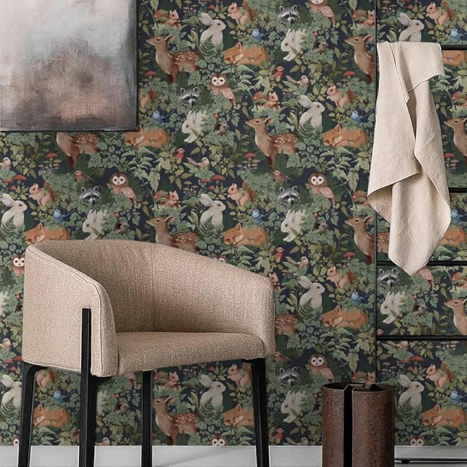 Animal Leaf Forest Deer Rabbits Squirrel Owl Green Plants Peel and Stick Wallpaper Self Adhesive Removable Easy Peel Off Contact Paper Stick on Wall Paper for Bedroom&Renter-VerdiqueGarden