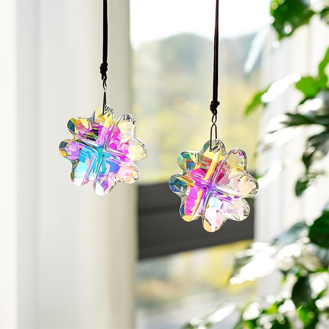 HDCRYSTALGIFTS 2PCS Crystal Prisms Suncatchers for Windows Christmas Ornaments,Lucky Four Leaf Clover Rainbow Maker Hanging Prism Sun Catchers for Home Garden Decoration,45mm-VerdiqueGarden