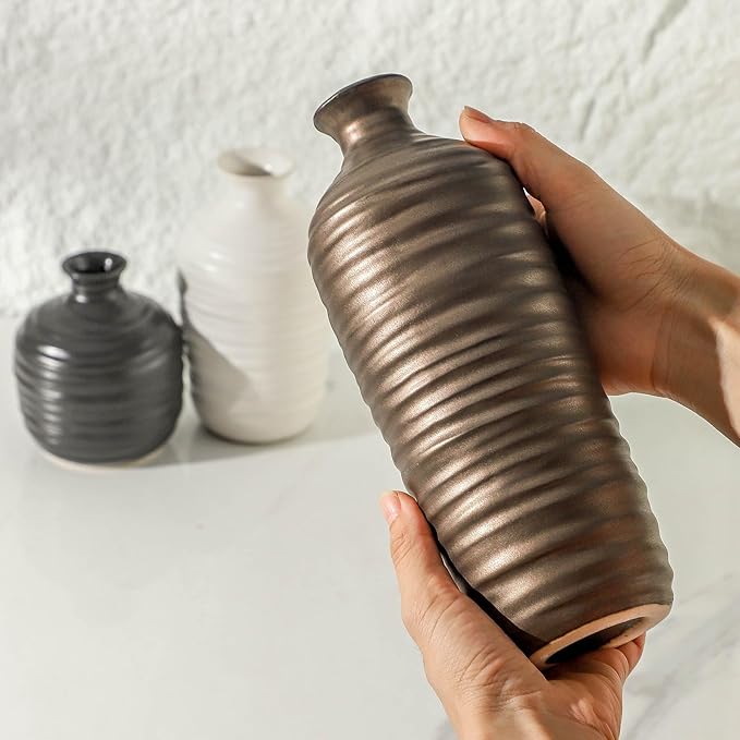 Ceramic Vase Set of 3 Neutral Decorative Vase for Farmhouse, Boho, or Rustic Home Decor Pottery Vases for Living Room Bathroom Table Mantel Fireplace Entryway Shelf (01-Metallic)-VerdiqueGarden