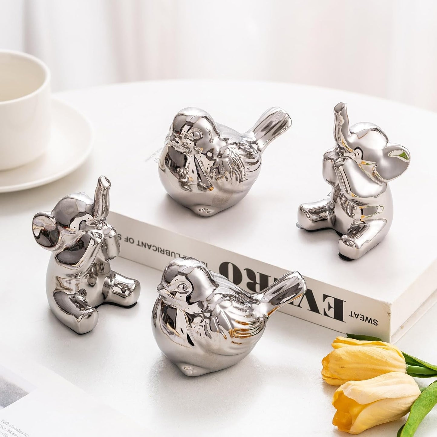 Set of 2 Small Birds Statues Silver Home Decor Modern Boho Style Figurine Decorative Ornaments for Living Room, Bedroom, Office Desktop, Cabinets, Shelf-VerdiqueGarden