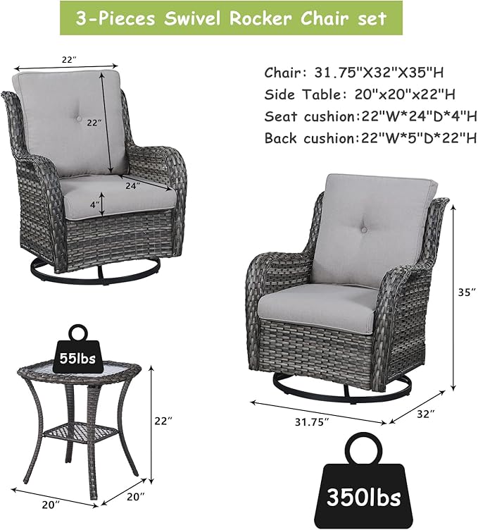 Outdoor Patio Swivel Rocker Chairs - 3 Piece Patio Bistro Set,Wicker Patio Furniture Set with 2 Swivel Rocking Chairs and 1 Glass Top Side Table for Deck Porch Garden,Mixed Grey/Grey-VerdiqueGarden