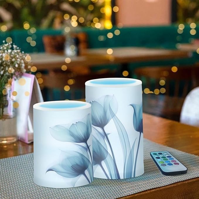 Flickering Flameless Candles, Blue Tulip Flower LED Candles with Remote Timer, Set of 2 Battery Operated Candle for Valentine Wedding Birthday-VerdiqueGarden