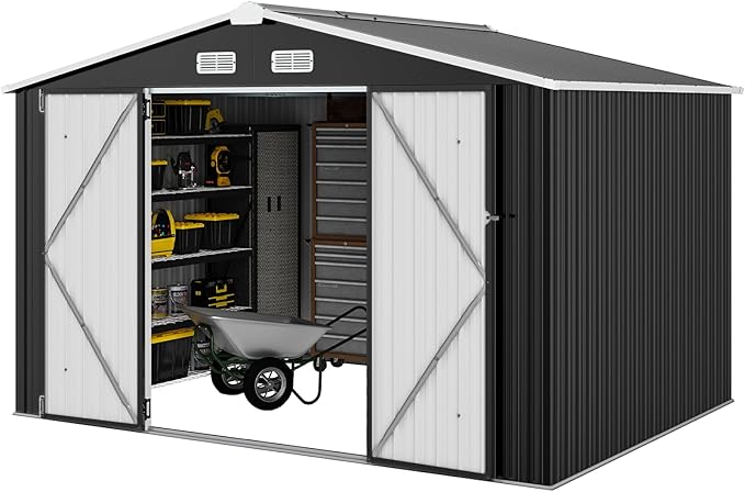 Aoxun 9.4x7.3x6.5 FT Outdoor Storage Shed, Garbage Can, Outdoor Metal Shed for Tool, Garden, Bike, Placed in Patio, Garden (Black)-VerdiqueGarden