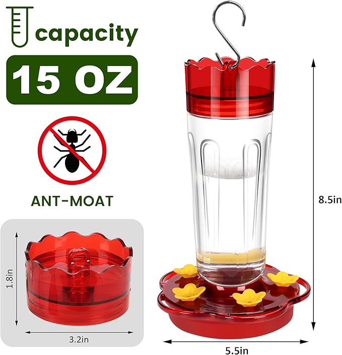 Plastic Hummingbird Feeders for Outdoors Hanging Ant and Bee Proof, 1 Pack 15 Ounces Red Hummingbird Feeder with 5 Feeding Ports and Perches, Built-in Ant Moat, Outside Garden Décor (Plastic, 1)-VerdiqueGarden