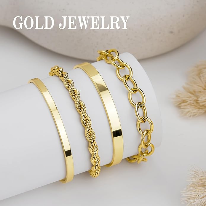 Chunky Gold Bracelets Stack for Women Non Tarnish, Waterproof 14K Gold Plated Bangle Cuff Bracelets Set for Women Trendy Thick Layered Cuban Link Chain Paperclip Rope Stackable Bracelet for Jewelry Gifts