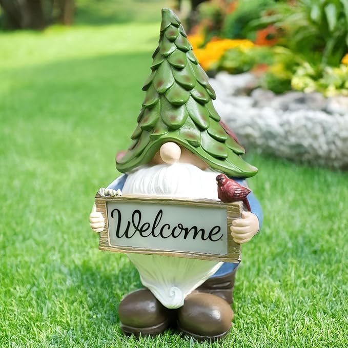 Garden Gnome Statue with Solar Lights, 13.5” Welcome Sign Gnome Outdoor Decor for Yard Lawn Patio, Funny Resin Gnome Sculptures, Gifts for Women Mom Grandma,Garden Decor Ornament-VerdiqueGarden