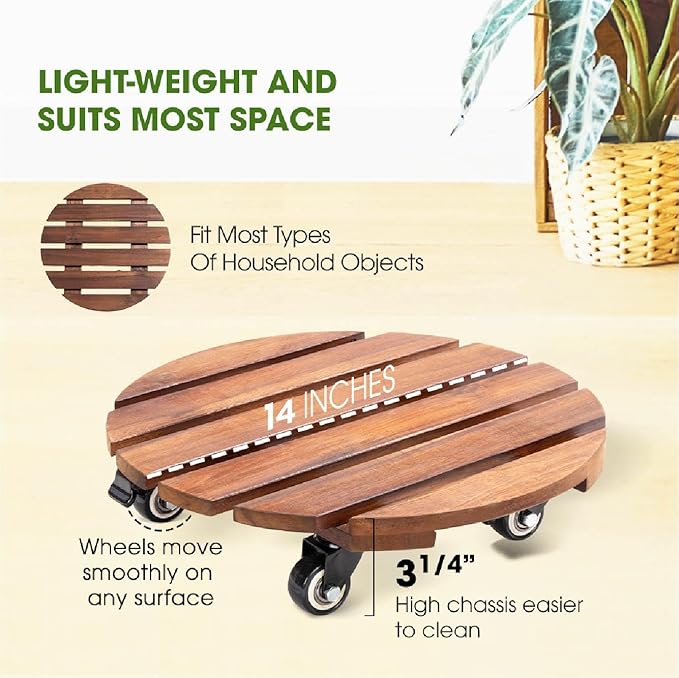 Idzo 2-Pack 14 Inch Acacia Wood Plant Caddy with Wheels – Heavy-Duty Plant Dolly with 264 Lbs Capacity, 360° Lockable Wheels for Large Plant Pots, Heavy Objects, Ideal for Indoor and Outdoor Use-VerdiqueGarden