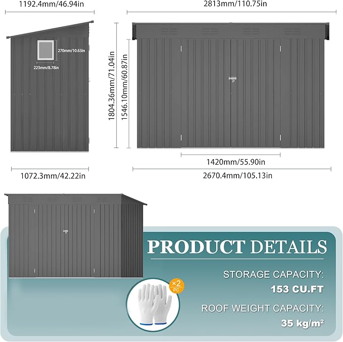4 * 9.2 * 6 FT Outdoor Storage Shed, Galvanized Steel Garden Shed with Lockable Door & Window, Waterproof Metal Tool Storage for Garden, Backyard, Patio, Lawn(Gray)-VerdiqueGarden