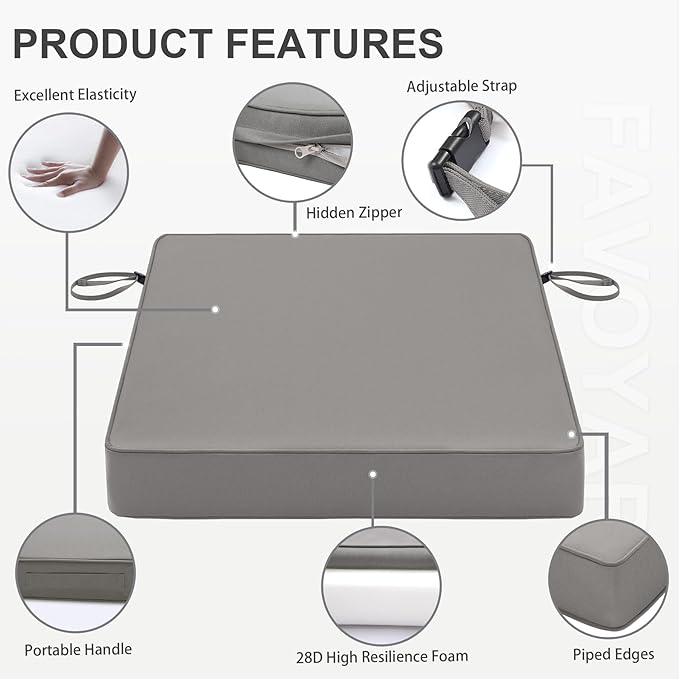 Favoyard Patio Chair Cushions 20 x 20 x 3 Inch Waterproof Outdoor Seat Cushions for Patio Furniture 3-Year Color Fastness Garden Sofa Couch Chair Pads with Handle & Adjustable Straps Set of 2, Grey-VerdiqueGarden