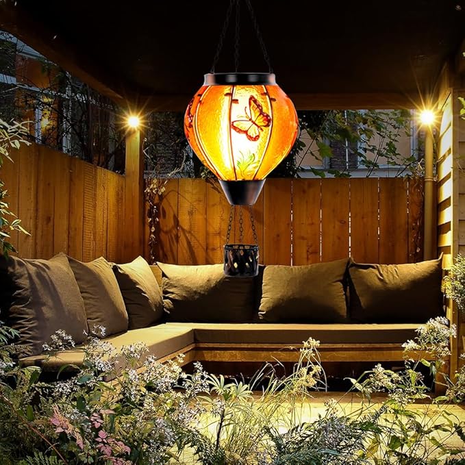 Starsoul Butterfly Hot Air Balloon Solar Lantern with Flickering Flame Light Glass Solar Powered Hot Air Balloon Lamp Waterproof Hanging Outdoor Solar Lantern for Yard Porch Backyard Decor-VerdiqueGarden