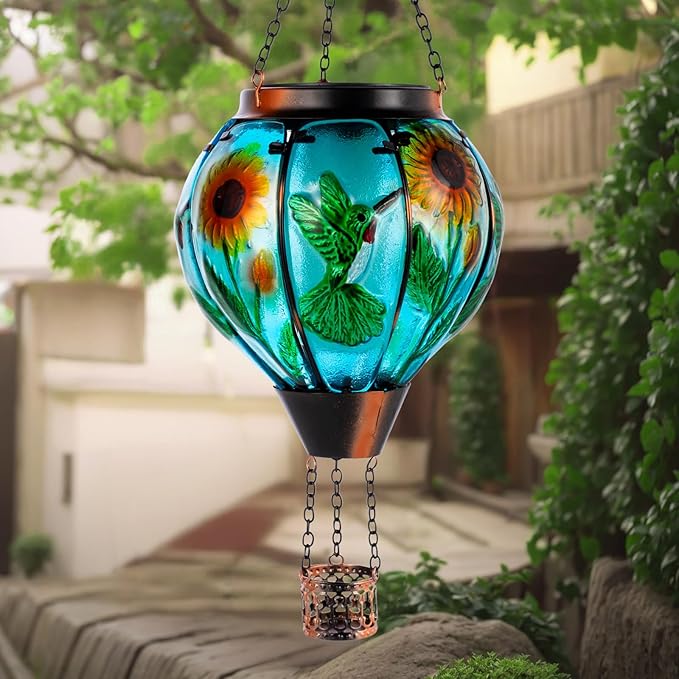 Hummingbird and Sunflower Solar Hot Air Balloon Lantern with Flame, Glass Hot Air Balloon Solar Lantern Outdoor Waterproof, Hanging Solar Lantern for Outside Garden Patio Tree Porch Yard-VerdiqueGarden