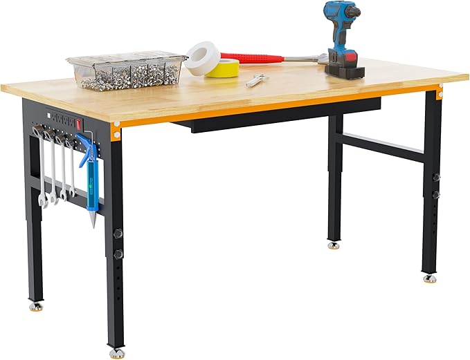 60" Adjustable Height Workbench, 2000 LBS Heavy Duty Work Table with Power Outlets & Pegboard, Rubber Wood Workstation for Garage, Workshop, Office, Home, Commercial-VerdiqueGarden