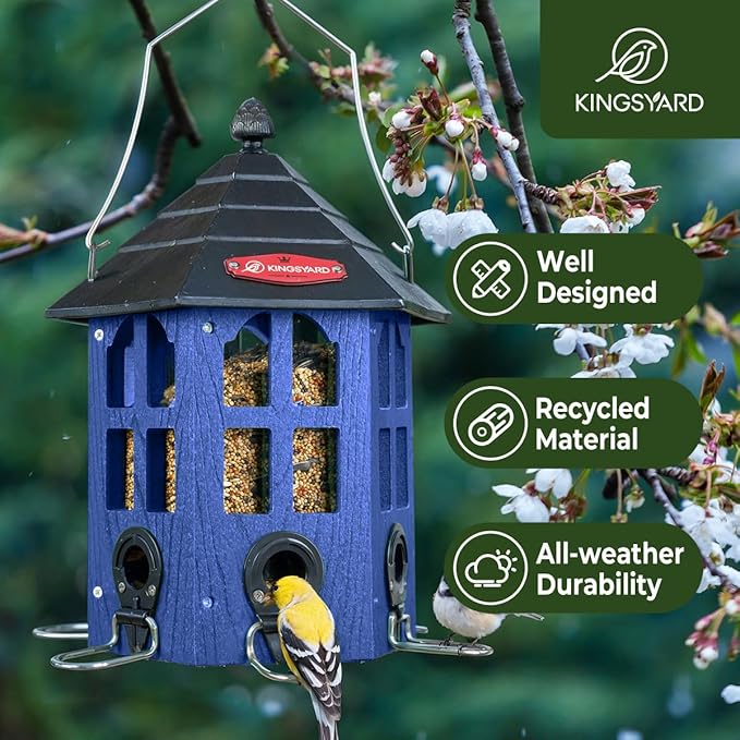 Kingsyard Wild Bird Feeder for Outdoor Hanging, Recycled Plastic Bird Feeders with 6 Ports & U-Shape Perch, Garden Yard Outside Decoration, 3.5 lbs Seed Capacity, Blue-VerdiqueGarden