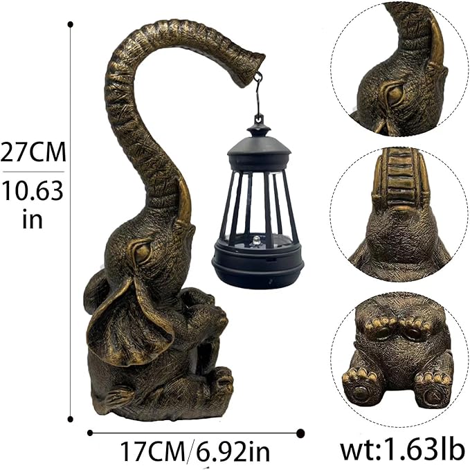 10.6 Inch Statue Elephant with Solar Outdoor Lights for Garden Decor，Lucky Present with Appeal For Birthdays(Man and Women and family)， Unique Housewarming Presents and Yard Decoration. (black)-VerdiqueGarden