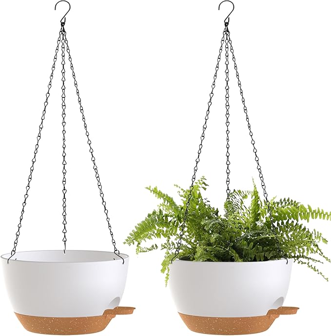12 Inch Hanging Baskets 2 PC with Chains, Self-Watering Hanging Planters for Indoor Outdoor Plants, Plastic Hanging Flower Pots,White Brown-VerdiqueGarden